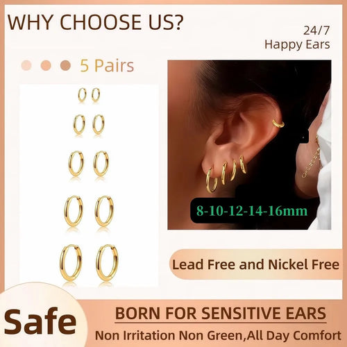 5 Pairs 14K Gold Plated Huggie Earrings
